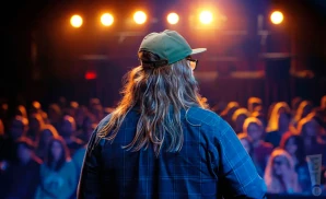 a rear view photo of comedian dusty slay performing a comedy act on stage