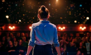 a rear view photo of comedian emily catalano performing a comedy act on stage
