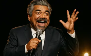 George Lopez, a comedian, speaks into a microphone with his mouth open and one hand raised.