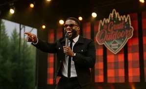 A man in a black jacket and white shirt holds a microphone, laughing and pointing to the left on a stage with a red plaid backdrop.