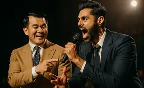 Two men on stage, one laughing and pointing, the other holding a microphone with his mouth open.