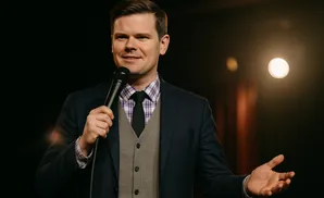 A man in a suit and tie holds a microphone and gestures with his open hand.