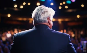 a rear view photo of comedian jay leno performing a comedy act on stage