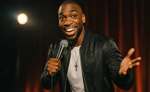 A Black man with a beard, wearing a black jacket and a white shirt, smiles while holding a microphone.