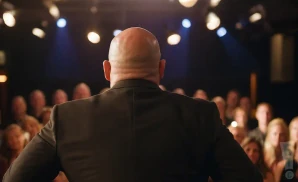 a rear view photo of comedian jeff ross performing a comedy act on stage