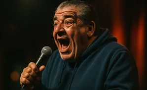 A man with an open mouth holds a microphone, looking excited.
