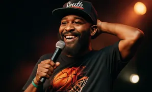 A Black man in a baseball cap and t-shirt holds a microphone and laughs while scratching his head.