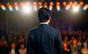a rear view photo of comedian ken jeong performing a comedy act on stage