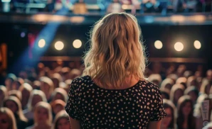 a rear view photo of comedian leanne morgan performing a comedy act on stage