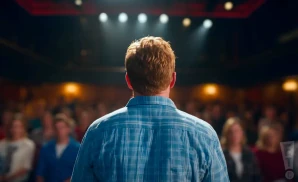 a rear view photo of comedian nick swardson performing a comedy act on stage