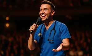 A man in blue scrubs and a stethoscope holds a microphone and smiles on stage.