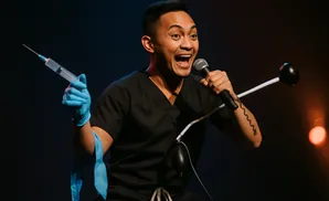 Man in black scrubs and blue gloves, holding a syringe and microphone, with a medical prop.