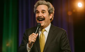 A man in a suit and tie laughs into a microphone on a stage with colorful curtains.