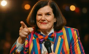 Woman in a colorful striped jacket and bow tie winks while pointing and holding a microphone.