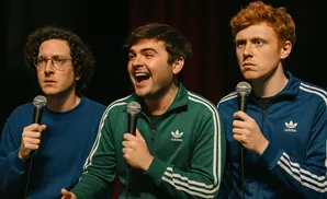 Three men on stage with microphones, wearing Adidas track jackets. One man is laughing.