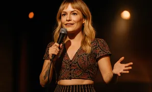 A woman with blonde hair and bangs holds a microphone, speaking on stage in a patterned crop top and striped pants.
