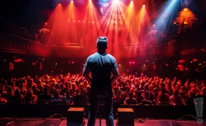 a rear view photo of comedian sebastian maniscalco performing a comedy act on stage