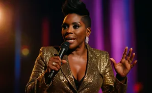 A woman in a gold sequined jacket speaks into a microphone, her hand raised.