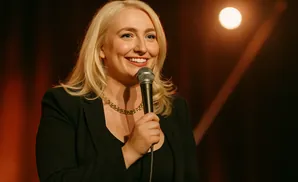 A smiling woman with blonde hair holds a microphone and wears a black blazer and gold necklace on stage.