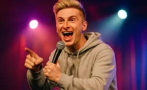 A man with blond hair smiles and speaks into a microphone on a stage with purple and blue lights.