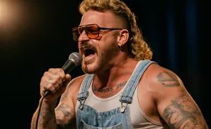 A man with a mullet and sunglasses sings into a microphone while wearing overalls.