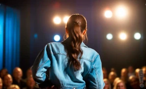 a rear view photo of comedian whitney cummings performing a comedy act on stage