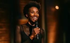 A Black woman with short, curly hair smiles widely while holding a microphone and speaking into it.