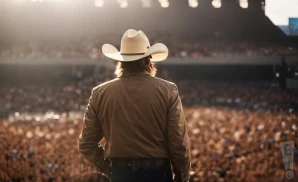 A cowboy hat-wearing performer faces a cheering crowd at a concert, bathed in dramatic stage light.