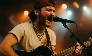 Man wearing a baseball cap and chains sings into a microphone while playing an acoustic guitar.