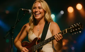 Woman in a white dress plays a guitar and sings into a microphone on a dimly lit stage.