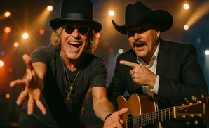 Two men, one in a top hat and the other a cowboy hat, play guitar on stage.