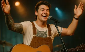 A man with tattoos on his arm, wearing overalls and a t-shirt with an owl graphic, sings into a microphone while playing an acoustic guitar.