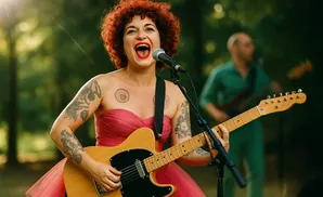 Woman with curly red hair and tattoos sings into a microphone while playing a guitar outdoors.