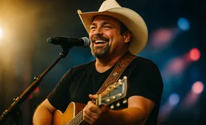 A man in a cowboy hat plays an acoustic guitar and sings into a microphone on a stage.