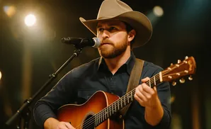 A man with a beard and a cowboy hat plays an acoustic guitar and sings into a microphone on stage.