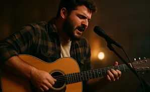 Man in plaid shirt sings into microphone while playing acoustic guitar.
