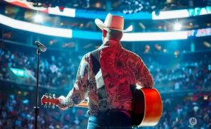A man in a cowboy hat and patterned shirt plays a guitar on stage in front of a large crowd.