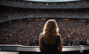 Woman with wavy blonde hair in a dark dress facing a packed stadium crowd.