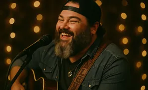 A man with a beard laughs while playing guitar and singing into a microphone, with warm bokeh lights in the background.