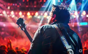 A guitarist plays on a brightly lit stage, facing away from the camera towards a cheering crowd.