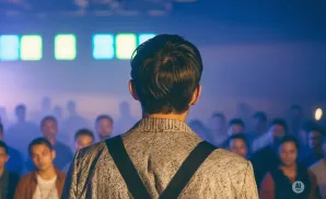 A man stands with his back to the camera, facing a crowd in a smoky room lit by colorful lights.