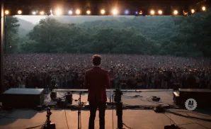 A man in a red jacket stands on a stage facing a large, cheering crowd outdoors.