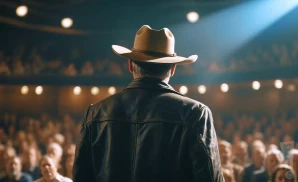 A man in a black cowboy hat and embroidered shirt sings into a microphone on stage.