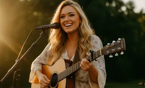 A woman with blonde hair plays an acoustic guitar and sings into a microphone at sunset.