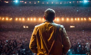 Man in a jacket stands facing a cheering crowd at a concert.