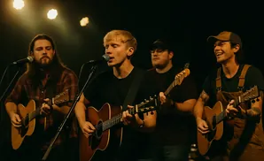 A band of four men playing acoustic guitars and singing on stage under warm lighting.