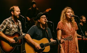 A band performs on stage, with three members in the foreground singing and playing guitars.