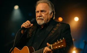 An older man with gray hair and a goatee sings into a microphone while playing an acoustic guitar.
