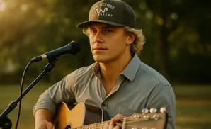 A young man wearing a denim shirt and a baseball cap plays an acoustic guitar into a microphone.