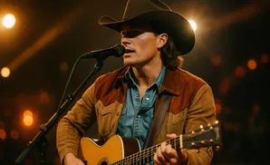 A man in a cowboy hat and suede jacket plays an acoustic guitar and sings into a microphone on stage.